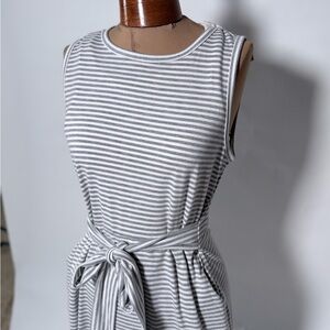 Striped Gray and White Sleeveless Dress with Pockets